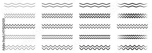 Waves line set. Wave ornament pattern. Set of wavy zigzag lines. Wave thin line background. Vector zigzag and wavy horizontal underline. Vector illustration