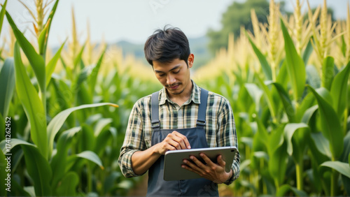 Young Farmer Using Technology in a Corn Field for Smart Farming