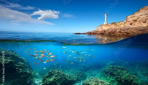 rocky coast with a lighthouse and fish underwater split view half above and below water surface mediterranean sea cabo de palos cartagena murcia spain