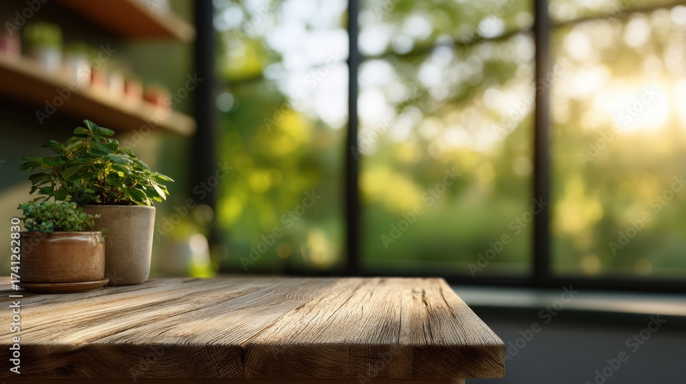 Fototapeta premium Sunlight streams through a window onto a rustic wooden table with potted plants, creating a cozy and natural atmosphere