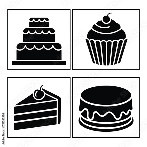 Sweet treats collection four tiered cake cupcake slice cake and round cake icons silhouette