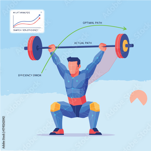 AI Olympic Lifting Snatch Biomechanics and Bar Path Vector Illustration. Lifter Performing Lift with Laser Grid