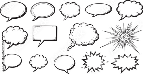 Hand-Drawn Doodle Sketch Comic Bubbles Vector Set for Speech, Thought, Explosions, and Creative Graphic Design Elements and Annotation Art Assets.