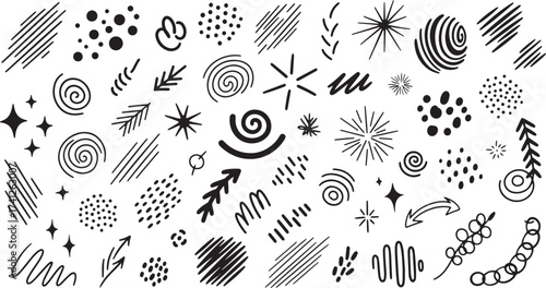 Hand-Drawn Doodle Abstract Elements Vector Set of Swirls, Dots, Scribbles, Arrows, and Stars for Creative Graphic Design Elements, Annotation, and Decoration.