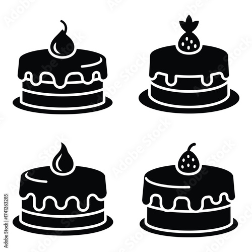 Four stylish black cake icons featuring drips and toppings for desserts and celebrations silhouette
