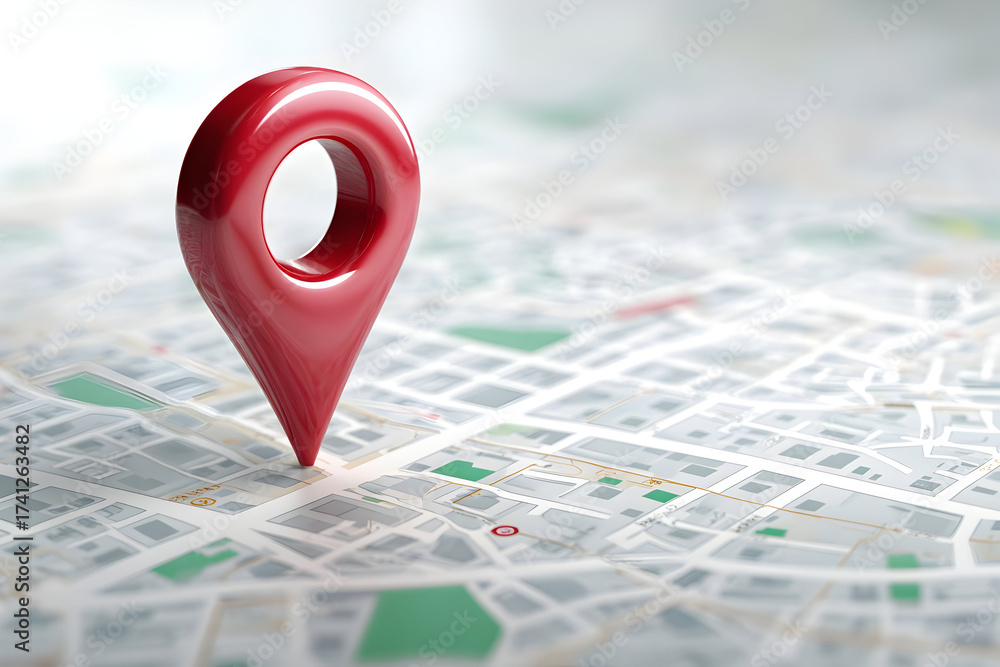 Fototapeta premium Folded paper city map with gray streets and red location pin for travel and navigation concept