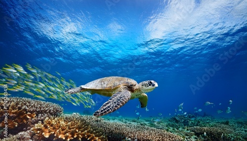 sea turtle with school of fish french polynesia