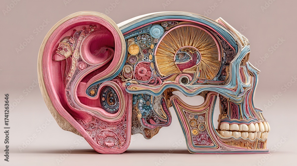 Naklejka premium Detailed crosssectional model of human ear and skull anatomy