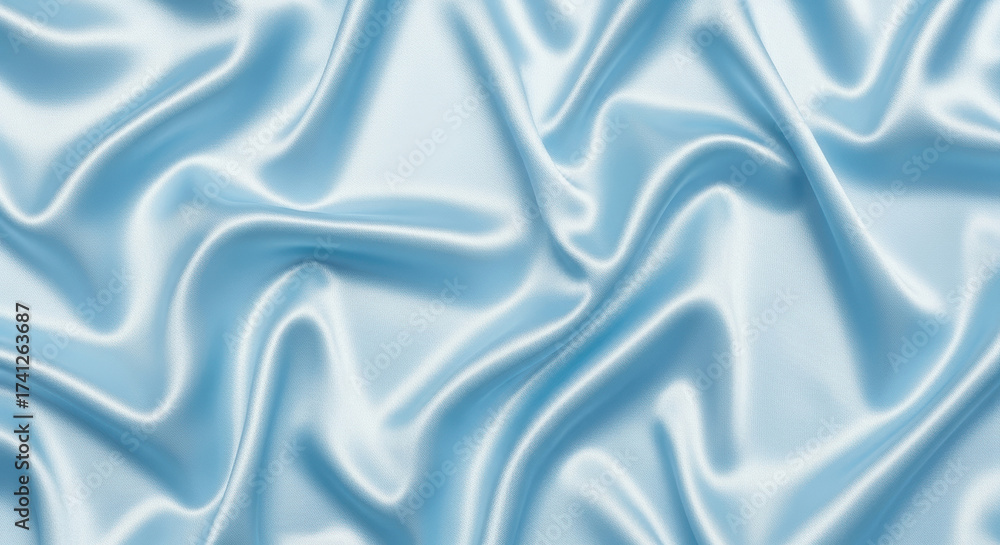 Fototapeta premium The Gentle Flow of Light Blue Satin Fabric Gracefully Draped and Pleated Creating Luxurious Soft Waves