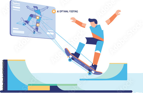 AI Skateboarding Trick Execution and Balance Vector Illustration. Skater Reviewing Flip and Grind Mechanics