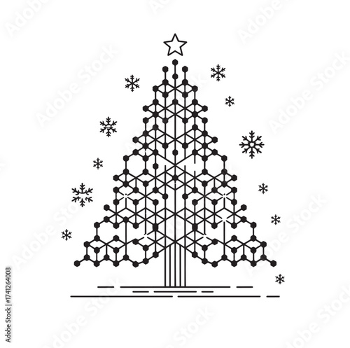 Geometric Network Christmas Tree Vector | Abstract Line Art Holiday Design with Snowflakes | Minimal Xmas Illustration