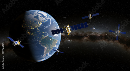 A constellation of communication satellites orbiting Earth, relaying data across the globe in outer space.