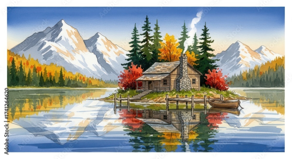 Fototapeta premium Serene mountain lake cabin amidst autumn foliage and majestic peaks reflection