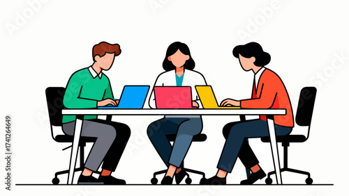 Three people working on laptops at table