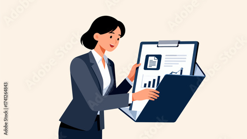 Woman holding clipboard with charts