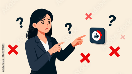 Woman pointing at app icon with question marks and crosses