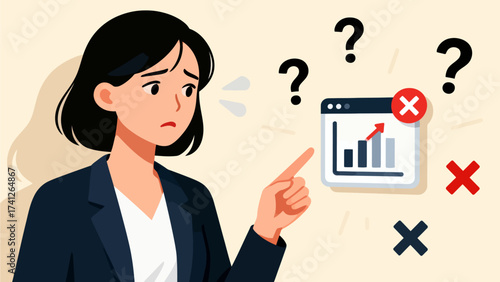 Woman pointing at chart with question marks