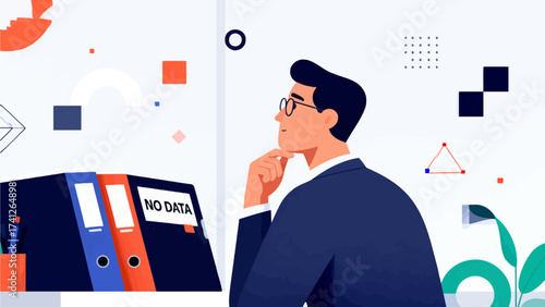Man thinking beside folders labeled NO DATA