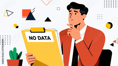 Man holding clipboard with no data text