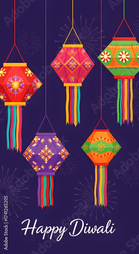 Happy Diwali greeting card with colorful hanging lanterns
