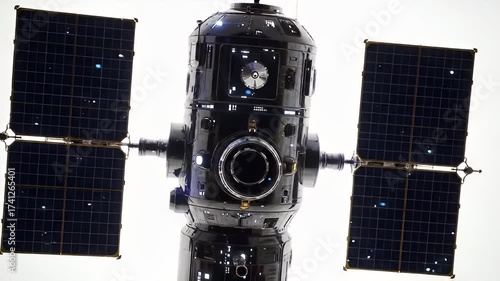 Satellite orbiting in space with solar panels