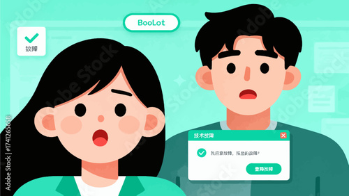 Two cartoon people reacting to technical error