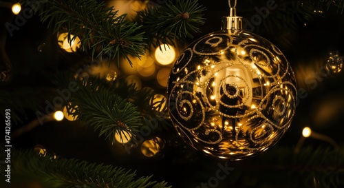 Wallpaper Mural Elegant Colored Christmas Bauble Macro with Festive Bokeh Lights on a Lush Pine Tree Branch Torontodigital.ca