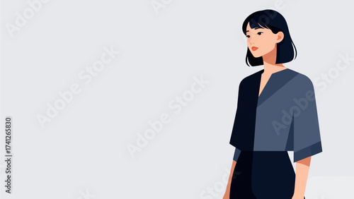 Woman in modern outfit standing sideways