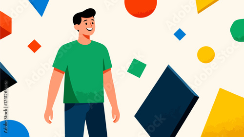 Man in green shirt surrounded by colorful shapes