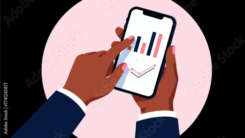 Hands holding smartphone with data charts