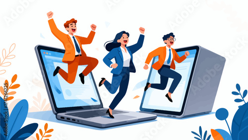 Business people jumping from laptops