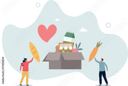 Humanitarian aid Charity concept.volunteers hold box with grocery products to help and support injured people.life and employment of people.