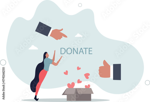 Hands donating and help. People give hearts to donation box .life and employment of people.