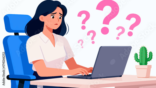 Woman at desk with laptop and question marks