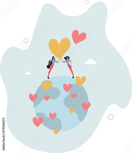 Cartoon tiny people donate love and hearts to world on globe of Earth.life and employment of people.
