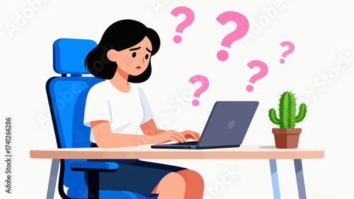 Woman at desk with laptop and question marks