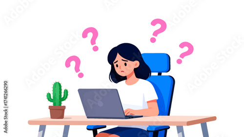Woman at desk with laptop and question marks