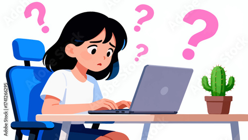 Woman at laptop with question marks