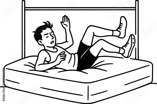 Black and white linear drawing of a high jumper landing on mat, minimal vector illustration perfect for athletics, sports posters, and track and field design