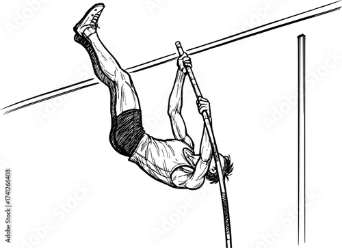 Black and white linear sketch of a pole vaulter upside down, minimal vector illustration perfect for athletics, sports posters, and track and field design