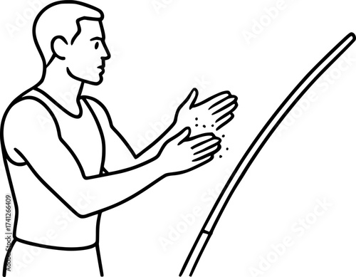 Black and white outline of a pole vaulter chalking hands, minimal vector illustration perfect for athletics, sports posters, and track and field design