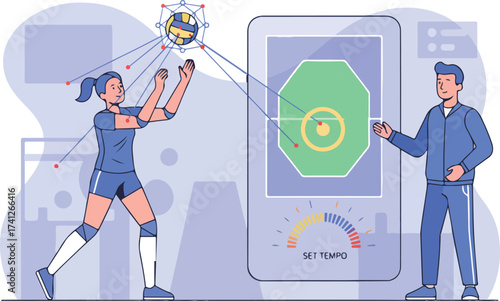AI Volleyball Setter Target Placement and Tempo Vector Illustration. Player Analyzing Set Accuracy