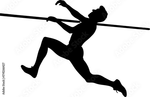 Black and white silhouette of a high jumper pushing off takeoff foot, dynamic vector illustration perfect for athletics, sports posters, and track and field design