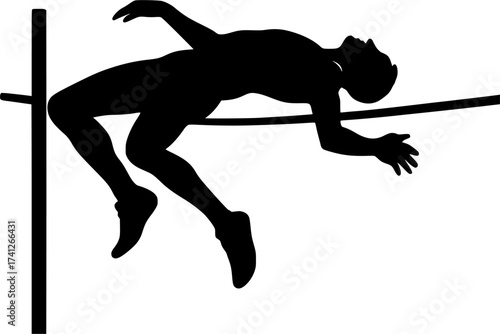 Black and white silhouette of high jumper clearing bar with Fosbury flop, dynamic vector illustration perfect for athletics, sports posters, and track and field design
