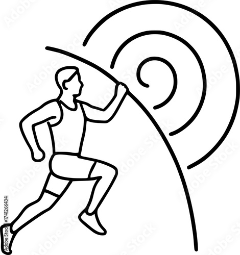 Abstract spiral showing pole vaulter’s rising path, dynamic minimalist vector illustration perfect for athletics, sports posters, and track and field design