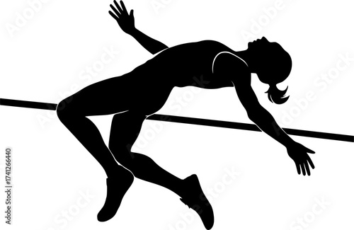 Black and white silhouette of a high jumper leaning backward in flight, dynamic vector illustration perfect for athletics, sports posters, and track and field design