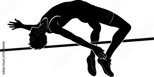 Black and white silhouette of a high jumper twisting in air, dynamic vector illustration perfect for athletics, sports posters, and track and field design