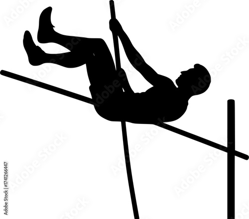 Black and white silhouette of a pole vaulter clearing bar, dynamic vector illustration perfect for athletics, sports posters, and track and field design