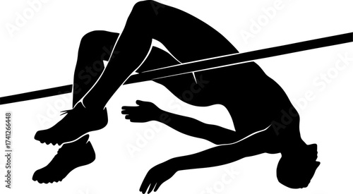 Black and white silhouette of high jumper’s legs passing bar, minimal vector illustration perfect for athletics, sports posters, and track and field design