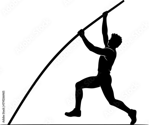 Black and white silhouette of a pole vaulter raising pole to plant, dynamic vector illustration perfect for athletics, sports posters, and track and field design